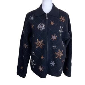 Herman Geist Sz L Vtg Boiled Wool Beaded Holiday Cardigan with Snowflakes Flawed